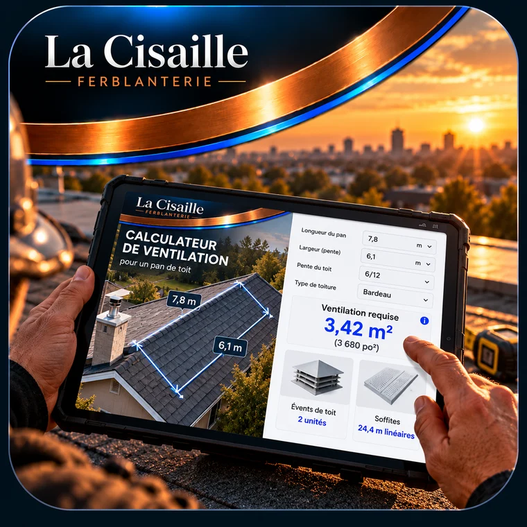 Calculateur de ventilation : tablette avec calcul sur un toit