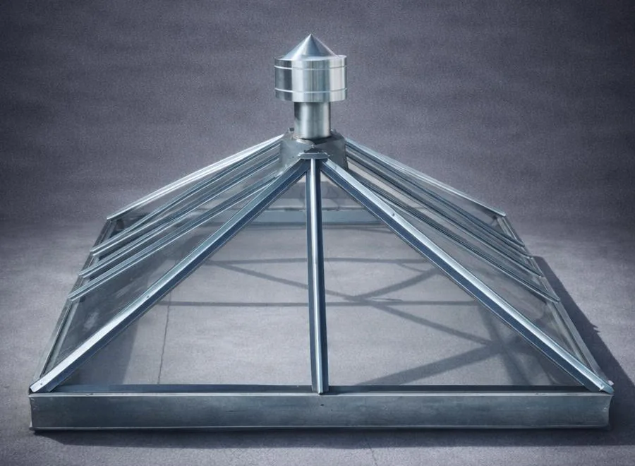 Puits de lumière pyramidal ventilé en acier galvanisé et polycarbonate, avec chapeau de ventilation