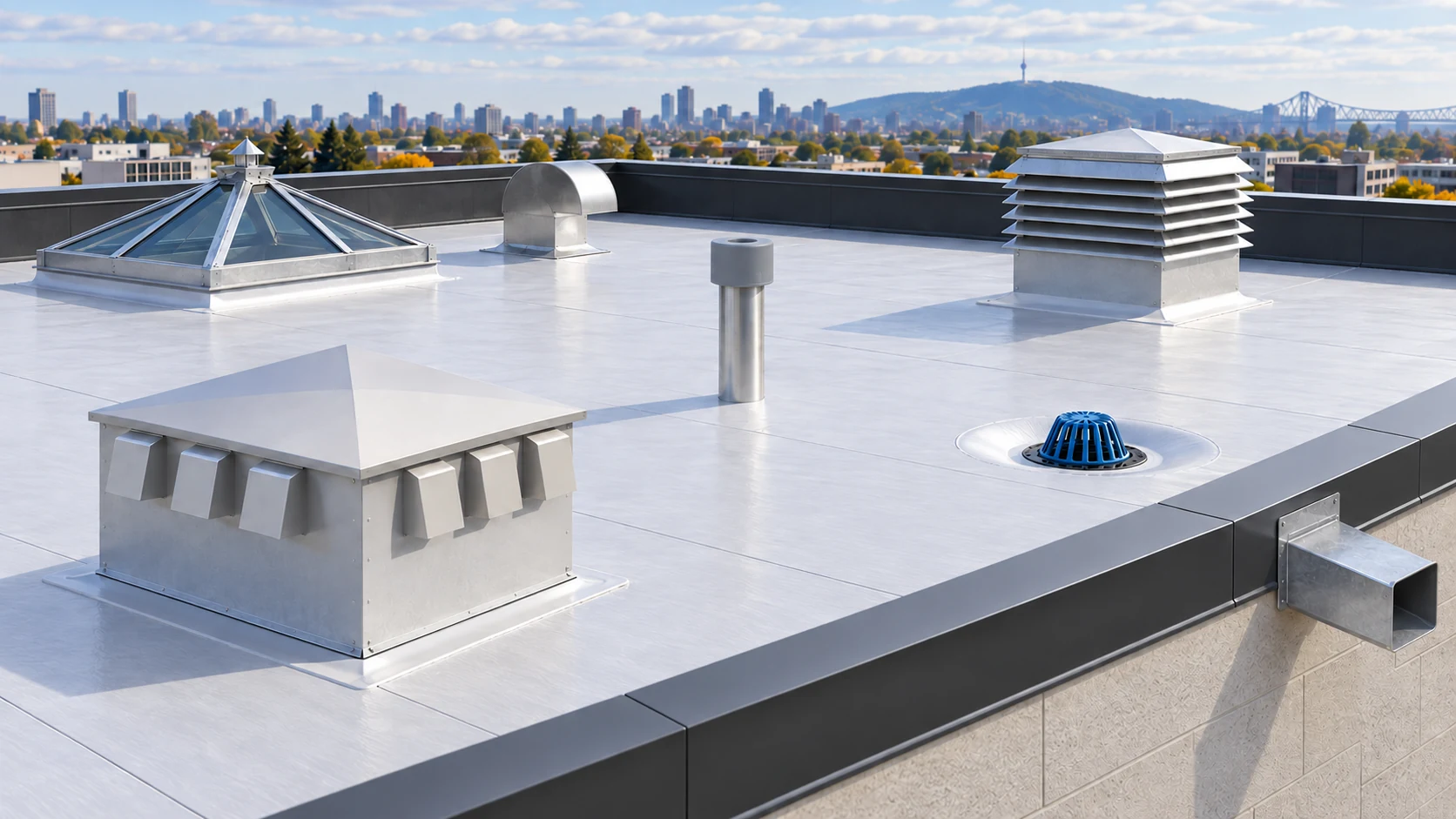 Toit plat avec ventilateurs, drain et solins